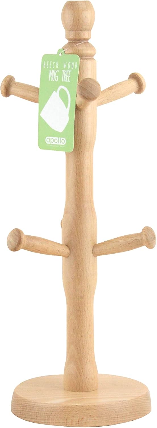 Beech Mug Tree, Cup Stand, Tea and Coffee, Natural Wood, Holds 6 Mugs, Natural