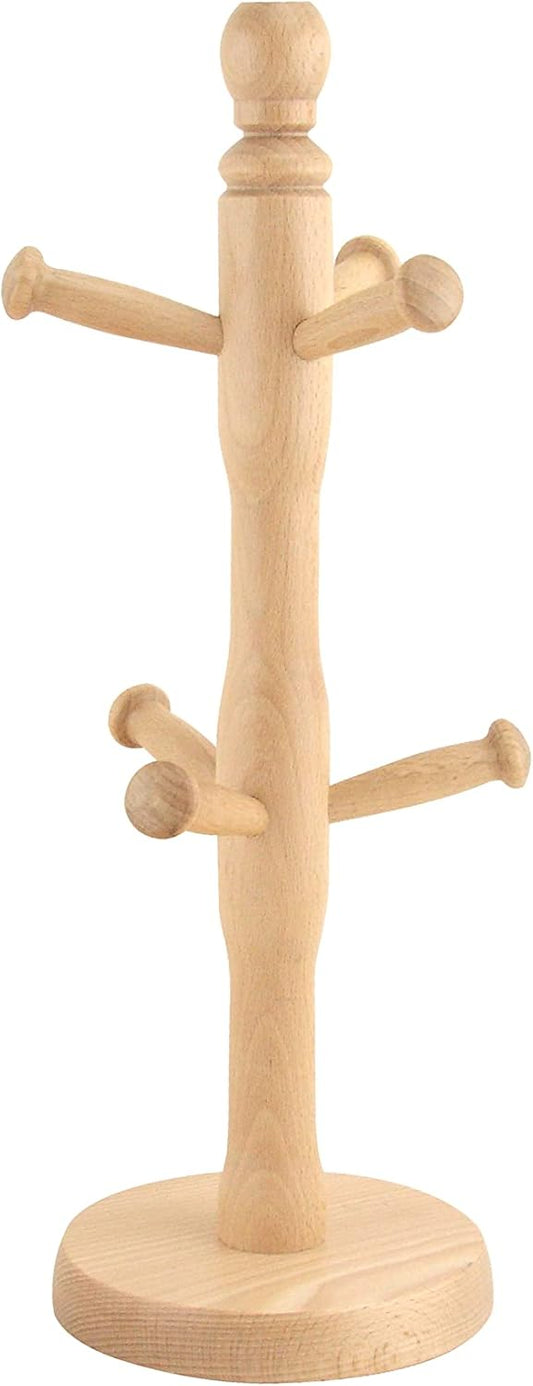 Beech Mug Tree, Cup Stand, Tea and Coffee, Natural Wood, Holds 6 Mugs, Natural