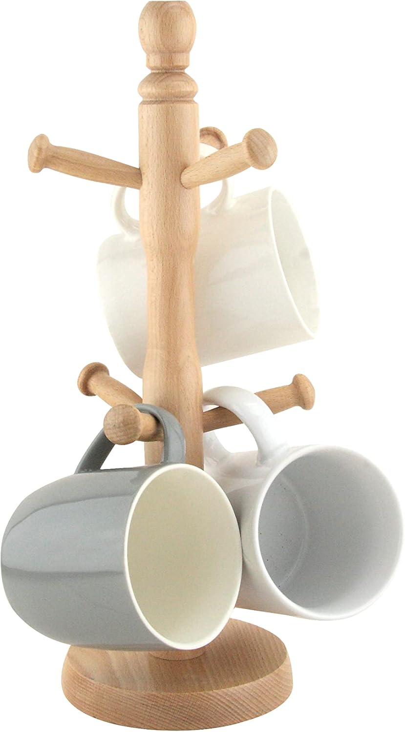 Beech Mug Tree, Cup Stand, Tea and Coffee, Natural Wood, Holds 6 Mugs, Natural