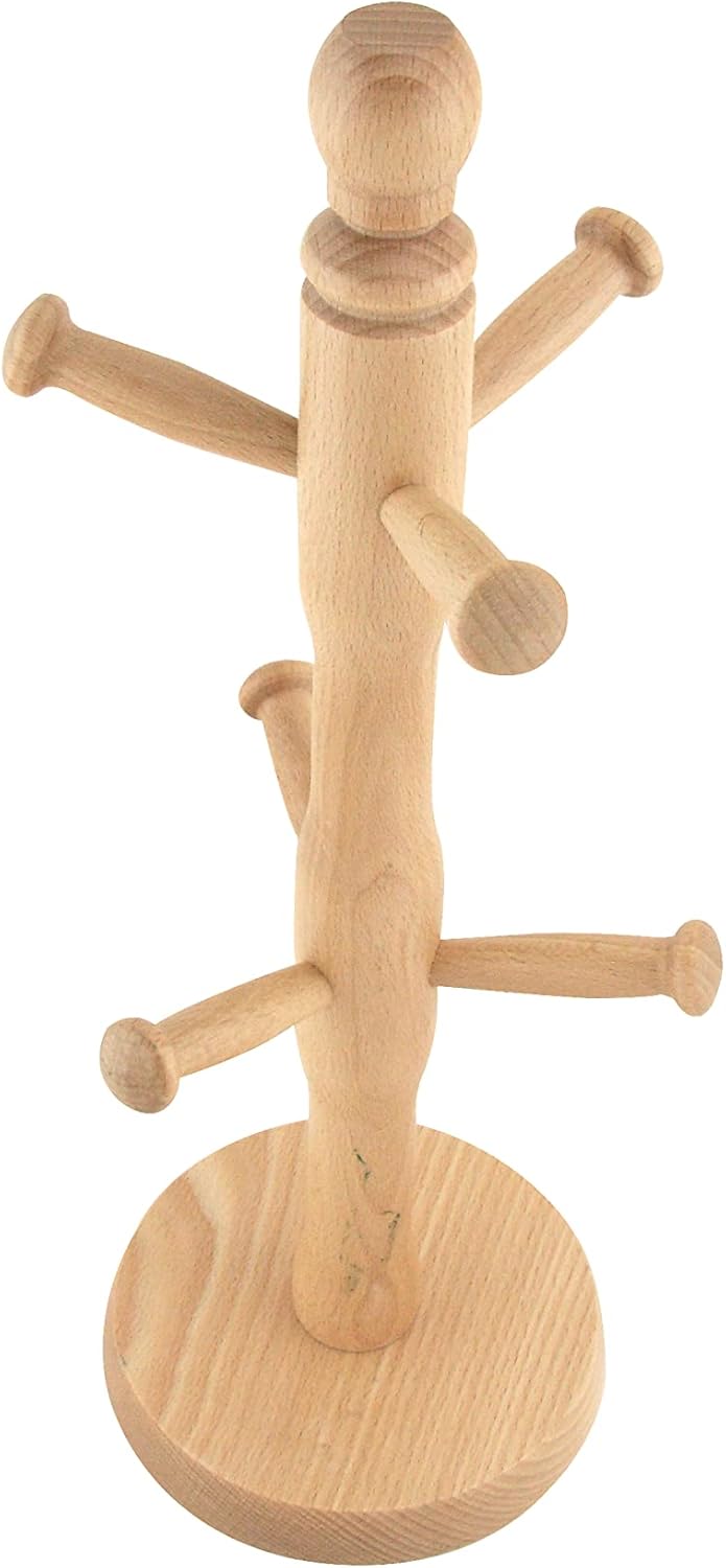 Beech Mug Tree, Cup Stand, Tea and Coffee, Natural Wood, Holds 6 Mugs, Natural