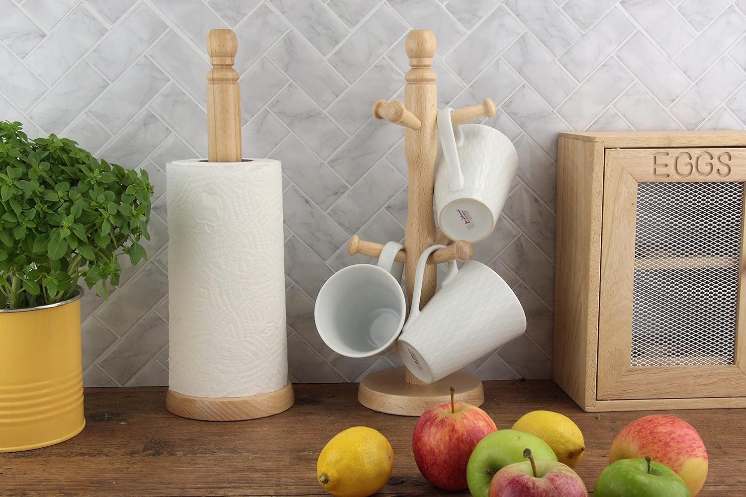 Beech Mug Tree, Cup Stand, Tea and Coffee, Natural Wood, Holds 6 Mugs, Natural