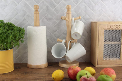 Beech Mug Tree, Cup Stand, Tea and Coffee, Natural Wood, Holds 6 Mugs, Natural